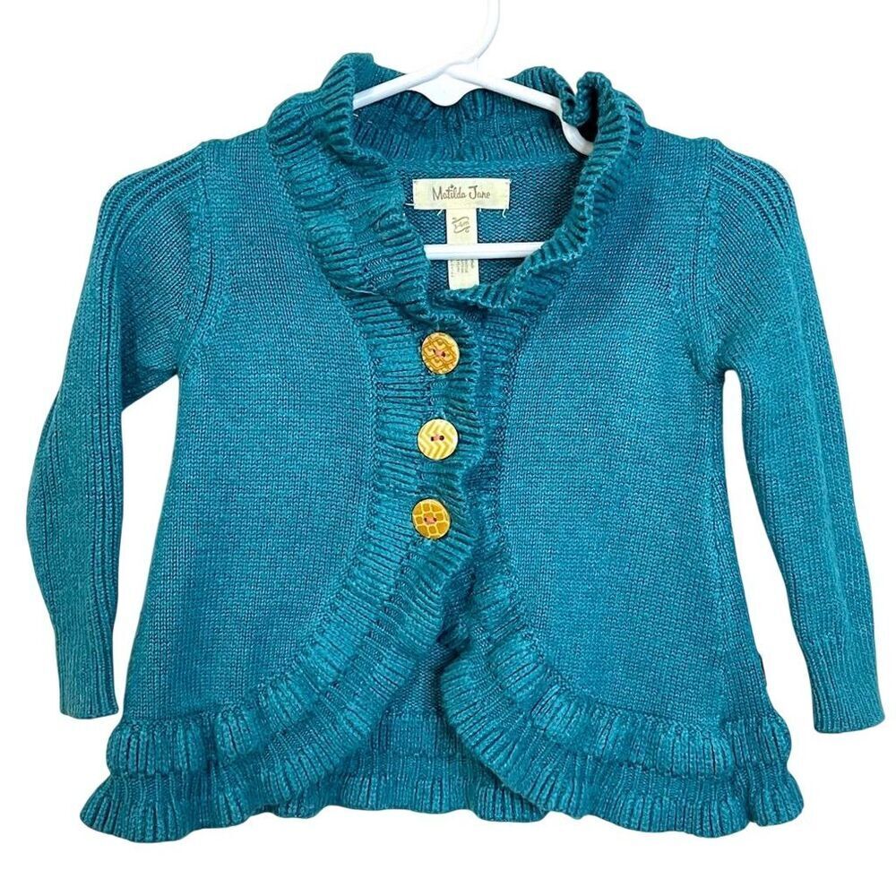 Matilda Jane Girls Teal Cardigan Sweater 3-6 Months Ruffle Trim Fall Cottagecore